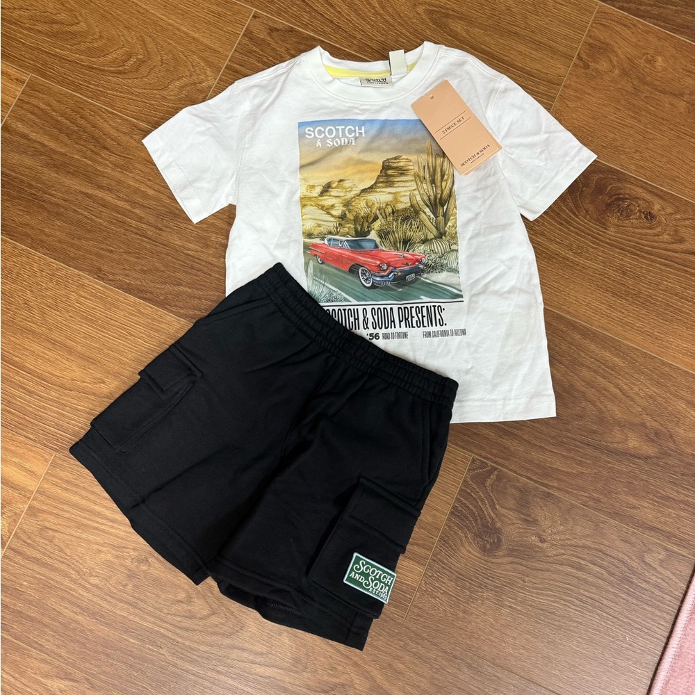 Scotch & Soda White Graphic Tee with Black Cargo Shorts - boys size 6